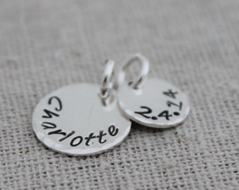 custom stamped name and date discs set, push present, name tag pendant, mommy jewelry, gift for new mom