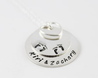 twins necklace, mothers necklace, foot print necklace, stamped name discs, hand stamped jewelry, push present, new mom gift