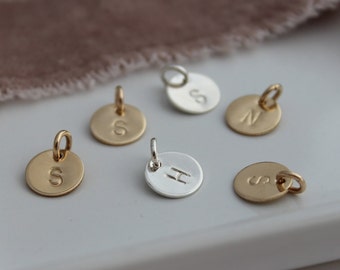 classic stamped initial tag, 3/8" disc, gold or silver custom stamped disc, hand stamped initial tag, tiny letter disc, malisay designs