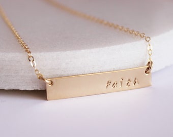 Custom name or word horizontal bar necklace, available in silver or gold, handstamped personalized jewelry, malisay designs