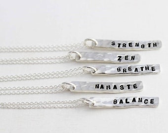 silver bar necklace, namaste yoga jewelry, inspirational  gift, rectangle layering necklace, balance and strength jewelry