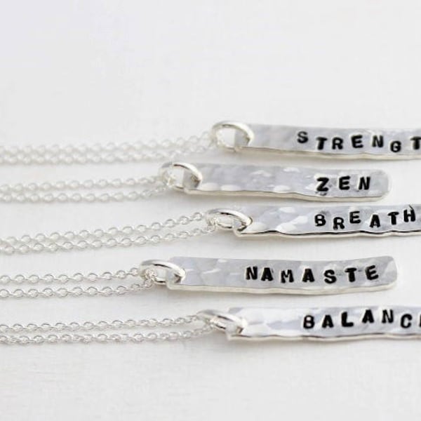 silver bar necklace, namaste yoga jewelry, inspirational  gift, rectangle layering necklace, balance and strength jewelry