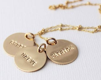 gold names necklace, name tag necklace, stamped words, handstamped names, mothers jewelry, 14k gold filled, personalized name necklace