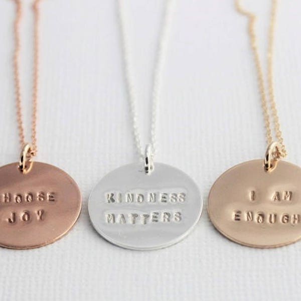 inspirational quote necklace, custom word jewelry, quote jewelry, minimalist, personalized disc, everyday jewelry, custom gift for her