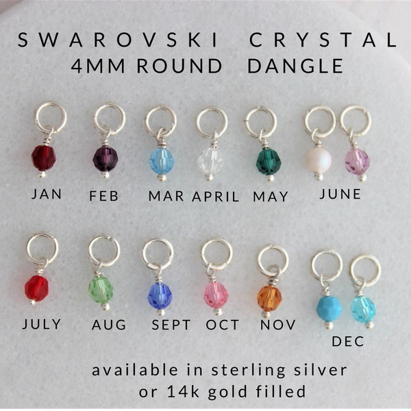 4mm round faceted swarovski crystal, birthstone dangle, sterling silver or 14k gold filled, wire wrapped stones