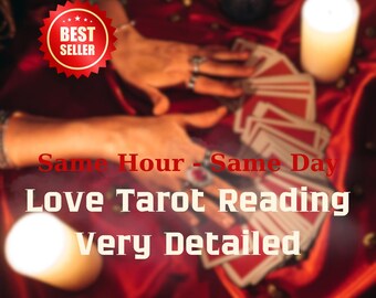 Op de afbeelding: Een rood en goudkleurig beeld met handen, tarotkaarten en kaarsen. De tekst op de afbeelding luidt "Same Hour - Same Day Love Tarot Reading Very Detailed". Een "Best Seller"-badge is ook zichtbaar.