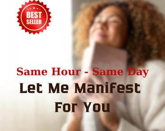 May include: A woman with curly brown hair is smiling and holding a book. The text on the image reads "Same Hour - Same Day Let Me Manifest For You".