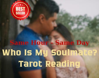 May include: Image features a couple embracing, with the text "Same Hour - Same Day Who Is My Soulmate? Tarot Reading" in a stylized font. A "Best Seller" badge is in the upper left corner. The background is blurred, suggesting an outdoor setting.