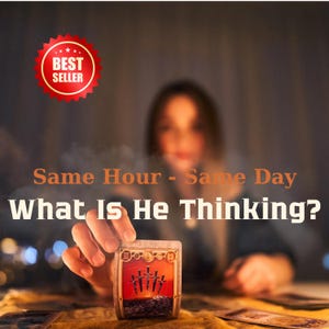 May include: A tarot card with a sunset scene and five swords is held in a person's hand. The text "Same Hour - Same Day" and "What Is He Thinking?" is displayed. A red "Best Seller" badge is in the upper left corner.