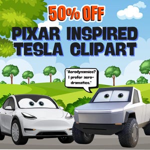 Clip Art de Tesla Model Y y Cyber Truck inspirados en Disney Pixar: 48 archivos PNG con enlaces a plantillas de Canva incluidos.