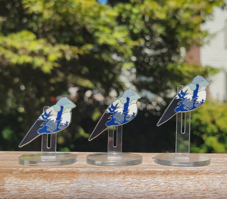 Peut inclure: Trois &eacute;pingles argent&eacute;es avec un motif de paysage de montagne bleu, blanc et gris. Chaque &eacute;pingle est sur un support en plastique transparent.