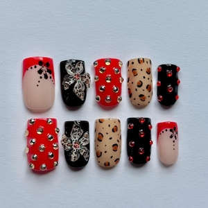Cheetah Print Press on Nails Red Fake Nails Spring Nails Fall Nails Daisy Nails Custom Sizes for Nails Trendy Nails 3D Flower Faux Nails
