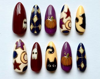 Höstpressnaglar: Halloween, Guldfärgat glas, Vinröd Maroon Mån Spöke Pumpa Svart Katt Metallic Medium Mandel Lim On För Hösten