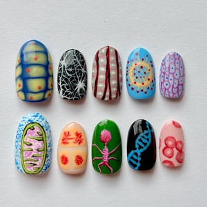 Op de afbeelding: Een set van tien kunstnagels, elk met een uniek ontwerp. De ontwerpen omvatten cellulaire structuren, patronen en abstracte kunst in verschillende kleuren zoals blauw, zwart, roze en groen. De nagels zijn ovaal van vorm.