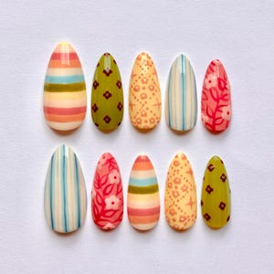 Whimsical Summer Floral Striped Rainbow Press On Nail Set: Hand Painted Medium Short Almond Reusable Custom Trendy Nails Spring Glue Nails
