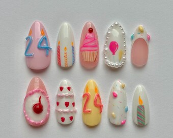 Birthday Press On Nail Set: Customizable  Cherry Cupcake Cake, Confetti Sprinkles, Bday Candle Spring Summer Trendy Medium Almond Faux Nails