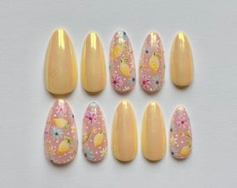 Butter Yellow Press On Nails: Lemon Chrome Flower, Custom Fit