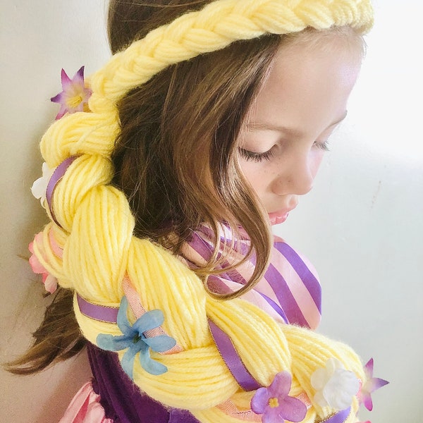 FREE SHIP! - Rapunzel Braid - Princess Yarn Wig with Flowers for Halloween Costume or Dress Up - Baby - Child - Adult