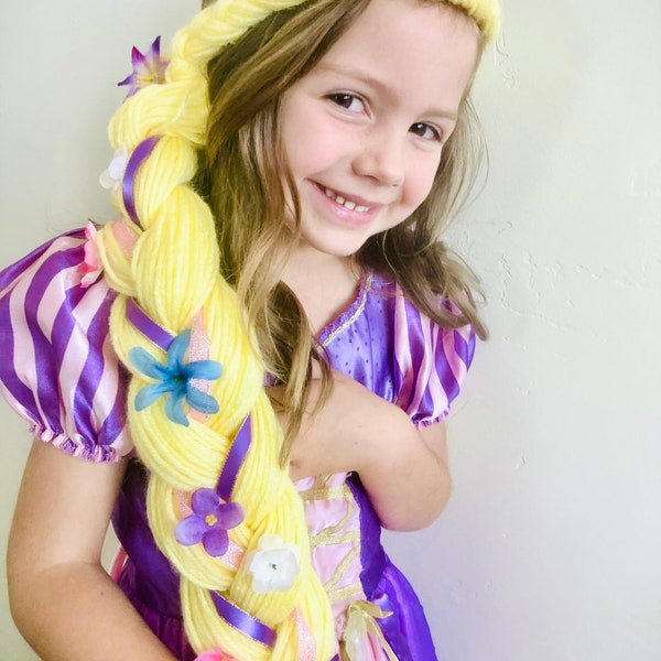 FREE SHIP! - Rapunzel Braid - Princess Yarn Wig with Flowers for Halloween Costume or Dress Up