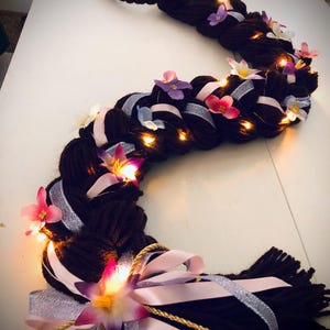 LIGHT UP! - Rapunzel Braid - Dark Brown Brunette or Black - Princess Wig for Halloween Costume or Dress Up - Yarn Ribbon Flowers