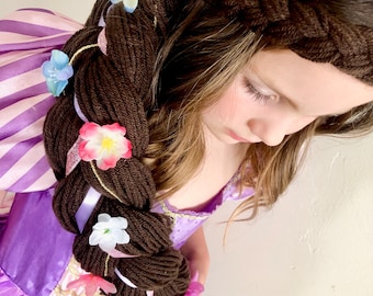 FREE SHIP! - Rapunzel Braid - Dark Brown Brunette or Black - Princess Wig for Halloween Costume or Dress Up - Yarn Ribbon Flowers