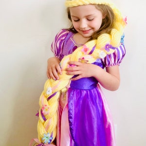 LIGHT UP! - Rapunzel Braid - Princess Yarn Wig with Flowers for Halloween Costume or Dress Up - Fairy Lights