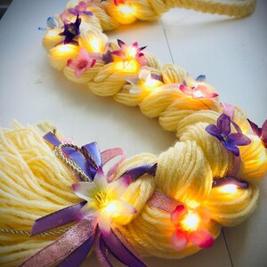 LIGHT UP! - Rapunzel Braid - Princess Yarn Wig with Flowers for Halloween Costume or Dress Up - Fairy Lights