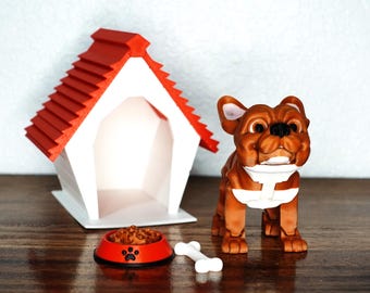 3D printed French Bulldog with house, bowl, and bone