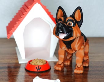 3D Printed German Shepherd with house, bowl, and bone