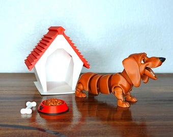3D printed Dachshund with dog house, bowl, and Bone