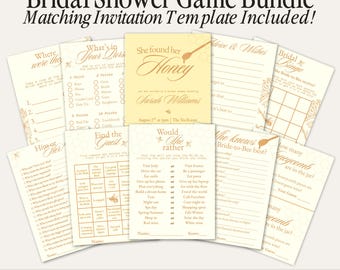 Bridal Shower Game Bundle | She Found Her Honey | Bride-to-Bee Digital Download, Customizable Bridal Shower Games & Invite Template