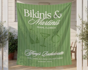 Bikinis and Martinis Bachelorette Party Banner | Martini Bride Decor | Cocktail-Themed Bach Party Sign, Custom Bridal Name Backdrop Tapestry