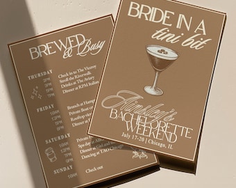 Bride in a Tini Bit Bachelorette Invitation + Itinerary Template | Espresso Martini Bach Invite, Love is Brewing Bach, Customizable Download