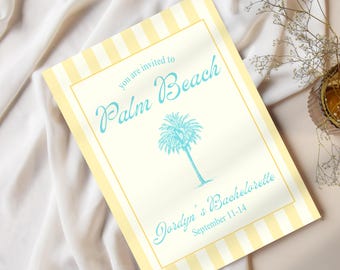 Tropical Bachelorette Invitation + Itinerary Template | Customizable, Butter Yellow, Palm Beach, Preppy Coastal, Digital Download