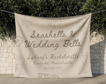 Seashells & Wedding Bells Neutral Bachelorette Banner Custom Beach Bach Backdrop Coastal Bridal Tapestry Beige Beach Bachelorette Decor