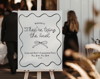 Tying the Knot Engagement Party Welcome Sign, Coquette Backdrop, Bow Engagement Party Signage, Editable Canva Template, Modern Party Sign