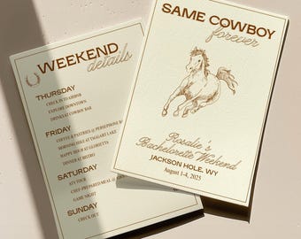 Invitación para despedida de soltera "El mismo vaquero para siempre" / El último rodeo de la novia, plantilla personalizable de Canva / Itinerario de fin de semana de chicas del oeste