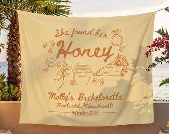She Found Her Honey Bachelorette Party Banner | Bride-to-Bee Tapestry, Honey Bee-Themed Bach Welcome Sign, Custom Bride name Hen Do Backdrop