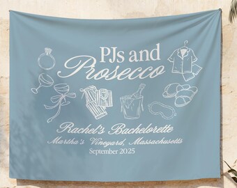 PJs and Prosecco Bachelorette Party Wall Tapestry | Custom Bride Name Hanging Backdrop, Girls Gone Mild Bach Banner, Chill Bachelorette Sign