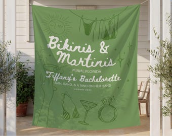 Bikinis and Martinis Bachelorette Party Banner | Martini Bride Decor | Cocktail-Themed Bach Party Sign, Custom Bridal Name Backdrop Tapestry