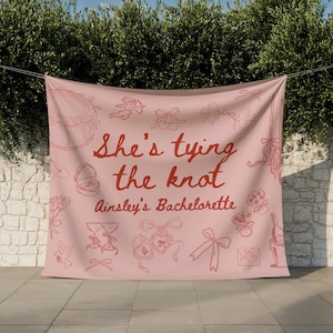 She&#39;s Tying the Knot Custom Bachelorette Party Banner Coquette Bow Bach Backdrop Personalized Pink Tapestry for Bridal Shower Bach Weekend
