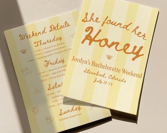 She Found Her Honey Bachelorette Itinerary + Invitation Template | Bride-to-Bee Digital Download, Customizable Bach Invite, Hen Do