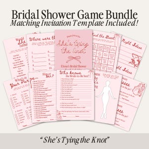She&#39;s Tying the Knot Bridal Shower Game Bundle Bow Bridal Shower Customizable Games and Invite Template Bow Bridal Shower Pink Monochrome