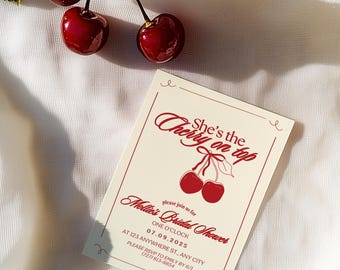 She's the Cherry on Top Bridal Shower Invitation Template | She's Tying the Knot Digital Download, Customizable Coquette Party Invite Bundle