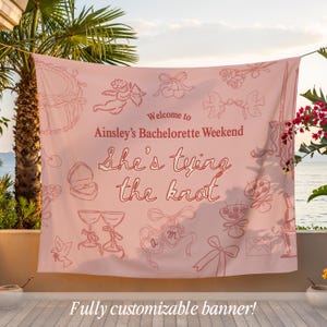 She&#39;s Tying the Knot Bachelorette Banner | Custom Coquette Bridal Shower Tapestry, Doodle Bridal Shower Bow Backdrop, Bow Bach Hanging Sign