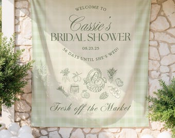 Fresh Off the Market Bridal Shower Banner Farmers Market Themed Bachelorette Backdrop Gingham Bridal Shower Welcome Sign Custom Tapestry