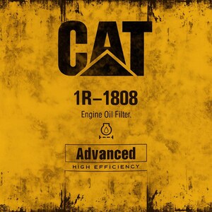 以下が含まれることがあります： 黄色と黒の画像。CATのロゴと「1R-1808 Engine Oil Filter」のテキスト。下にオイルフィルターのグラフィックと「Advanced」と「High Efficiency」の文字。背景は使い古されたような質感。