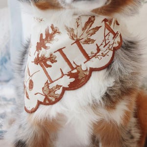 以下が含まれることがあります： 茶色い秋の葉と「FALL」の文字が刺繍された、スカラップエッジのクリーム色の犬用バンダナ。茶色、黒、白の毛並みの犬が着用しています。テーマは秋と季節のペットアクセサリーです。