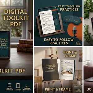 May include: A digital toolkit PDF titled Protocol for Acute Covert Attack displayed on a tablet and smartphone, with additional panels showing easy-to-follow practices, a herbal blueprint, print and frame options, and a community website interface.