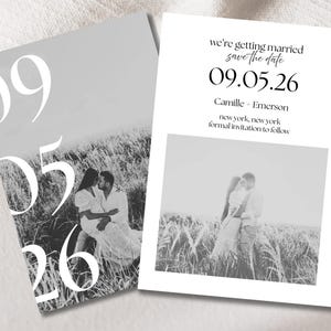 Cartes "Retenez cette date" simples et modernes en noir et blanc, ensemble de modèles d'invitations de mariage personnalisables modernes avec photo